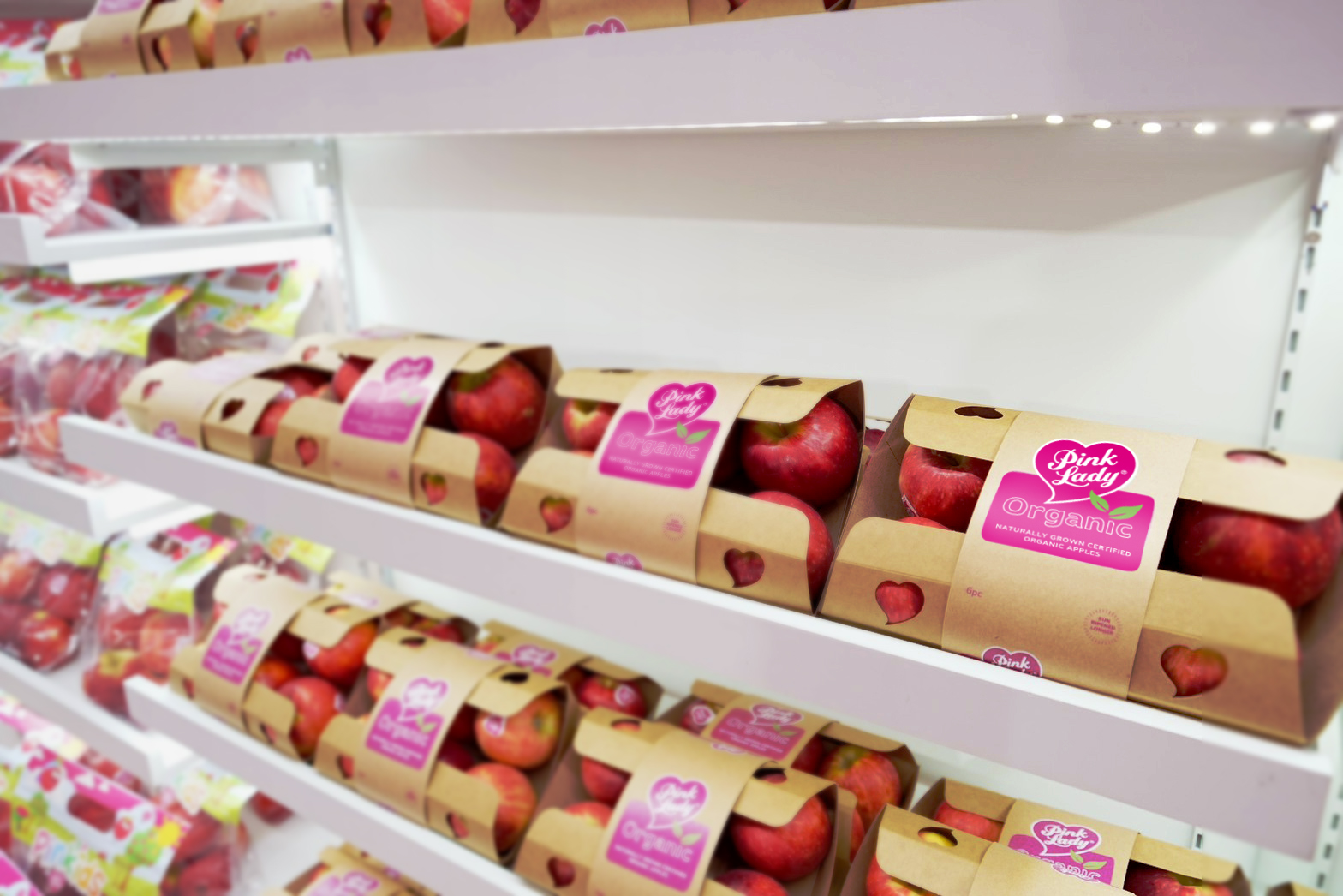Pink Lady Organic Packs on shelf